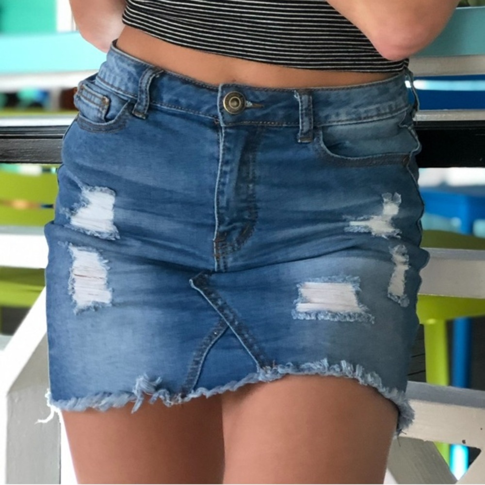 Machine Distressed Blue Denim Skirt